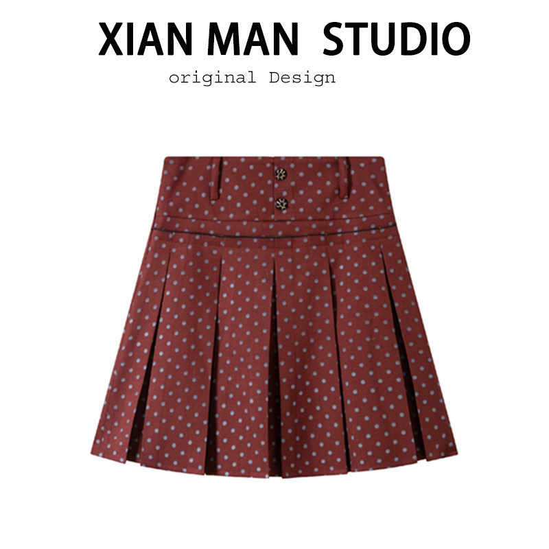 秋冬新款复古新年红色波点氛围感高腰百褶裙女文艺设计感半身中裙
