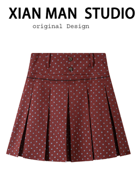 秋冬新款复古新年红色波点氛围感高腰百褶裙女文艺设计感半身中裙