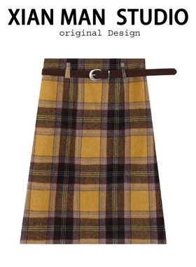 韩系复古撞色格纹半裙女秋冬气质修身显瘦百搭中款a字毛呢半身裙