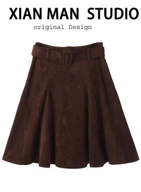 韩系复古麂皮绒插片式半身裙2025秋冬新款低腰荷叶边中长款鱼尾裙