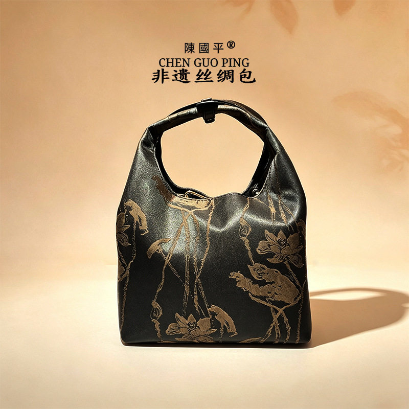 非遗香云纱墨荷金线手拎斜挎包皮包底耐磨可拆卸包中包新中式女包