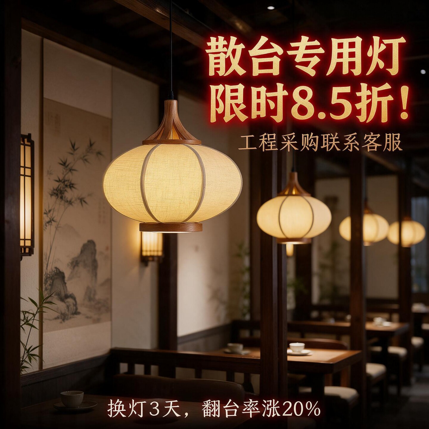 新中式吊灯实木餐饮店饭店包间散台茶室宋式美学商用禅意餐厅灯笼