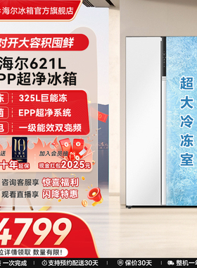海尔冰箱621L大容量白色对开双开门风冷无霜大冷冻一级能效家用