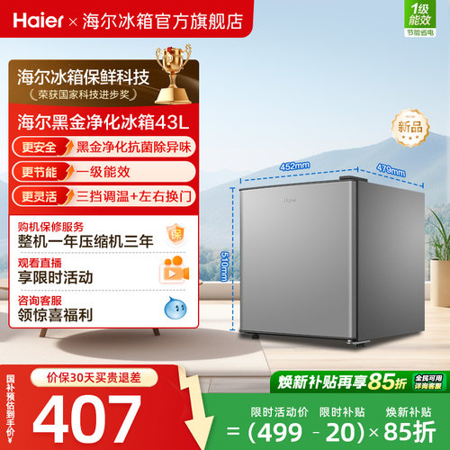 海尔43升星辉银一级节能黑金净化三档可调左右换门租房专用小冰箱