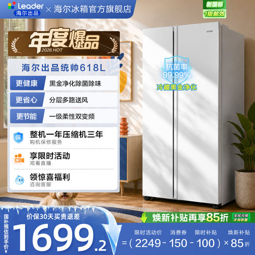 国家补贴海尔出品统帅618L双开对开门大容量无霜一级变频家用冰箱