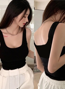 法式美背黑色吊带抹胸女修身外穿打底内衣性感显露背心固定杯胸垫