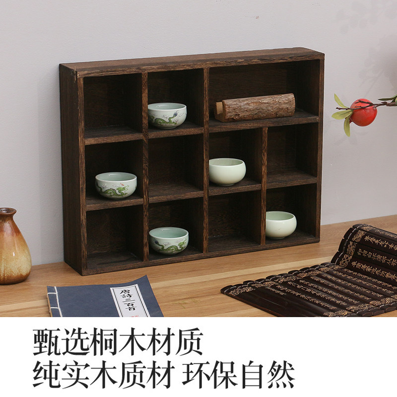 烧桐木复古多格收纳盒茶具收纳柜茶壶架做旧多宝格实木小博古架子