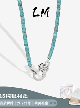 S925纯银樱花扣项链女珐琅蓝色