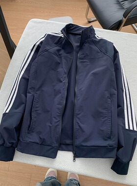 藏青色三条杠外套男女春秋季cleanfit短款立领夹克美式三防冲锋衣