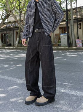 美式复古宽松弯刀牛仔裤男女2026年春季黑色明线设计感工装阔腿裤