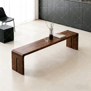 北欧实木长条凳餐椅侘寂风卧室床尾凳条凳家用胡桃色长凳换鞋凳