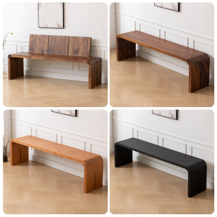 诧寂风实木卧室床尾凳长条凳带靠背餐桌凳长板椅凳进门椅弯头长凳