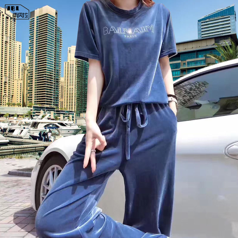 套装女夏2018新款烫钻时尚休闲短袖阔腿裤金丝绒套装两件套酷女装