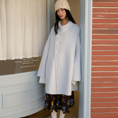 COINROVA天丝70羊毛双面呢蓝色A摆叠领中长款大衣