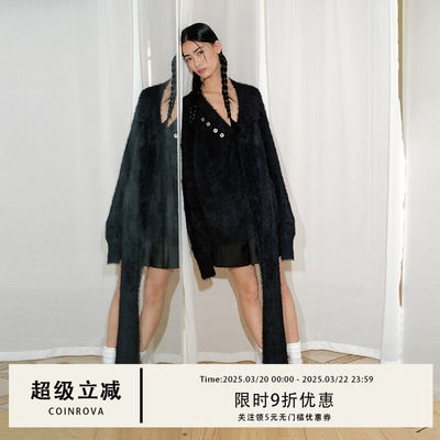 COINROVA多穿法可拆卸围巾仿马海毛V领套头黑色毛衣秋冬