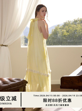 COINROVA 天丝挂脖法式无袖连衣裙宽松慵懒度假裙 飘逸花朵织带