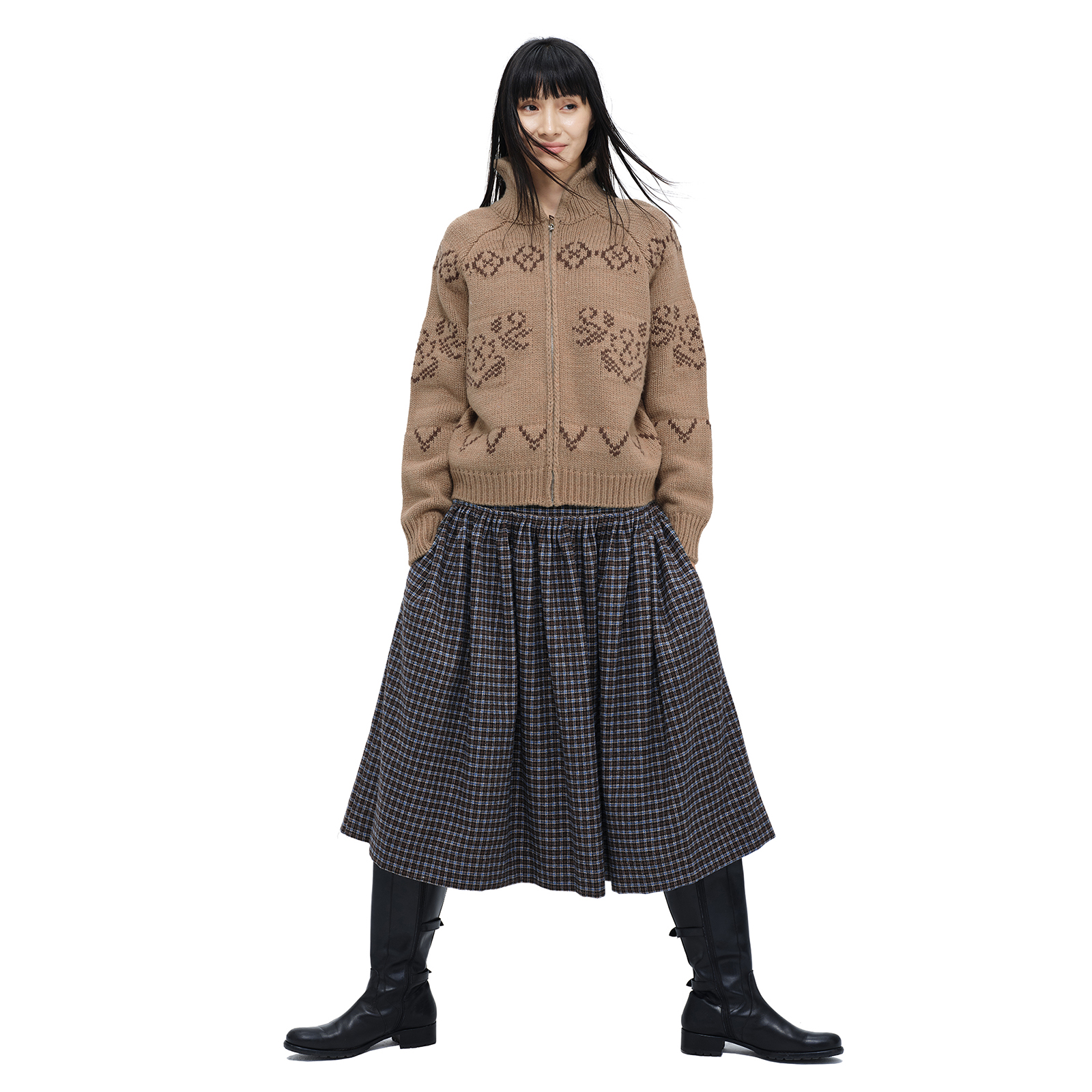 COINROVA 50羊毛毛呢手工捏褶藏青格纹褶皱双层腰半身裙秋冬款