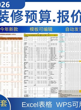 2026年装修预算报价表家装工装材料价格清单半包全包施工表格模板