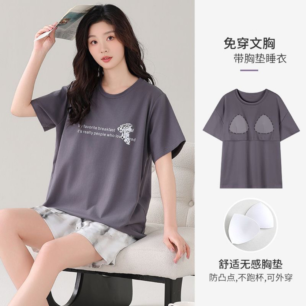 带胸垫睡衣女夏季圆领短袖新款女士大码家居服套装夏天薄款可外穿