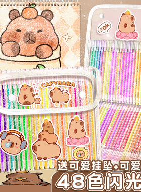 彩色闪光笔亮晶晶珠光荧光标记笔卡皮巴拉流沙银光啫喱发光水彩笔儿童手帐专用变色画笔小学生闪粉轮廓高光笔