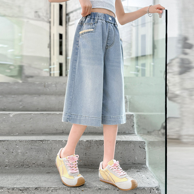 女童裤子夏季薄款2026新款12岁女大童时尚花边七分裤儿童牛仔短裤