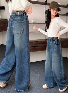 女童一体绒牛仔裤冬季加厚阔腿裤