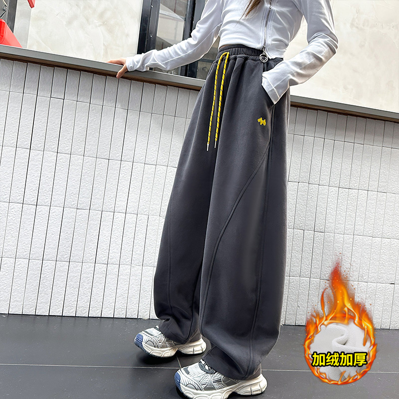 女童加绒裤子刺绣弯刀休闲卫裤