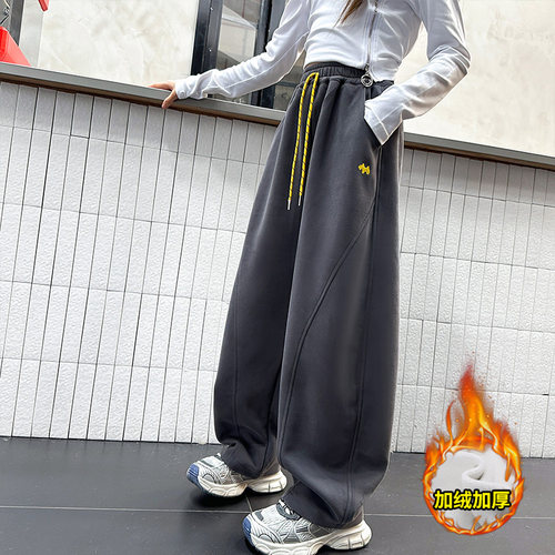 女童加绒裤子刺绣弯刀休闲卫裤