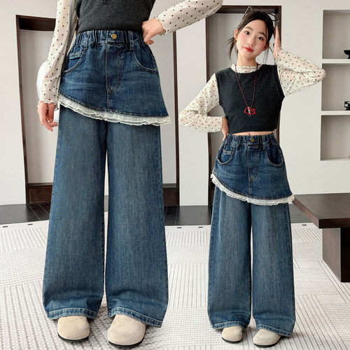 女童裤子春秋时尚屁帘牛仔阔腿裤