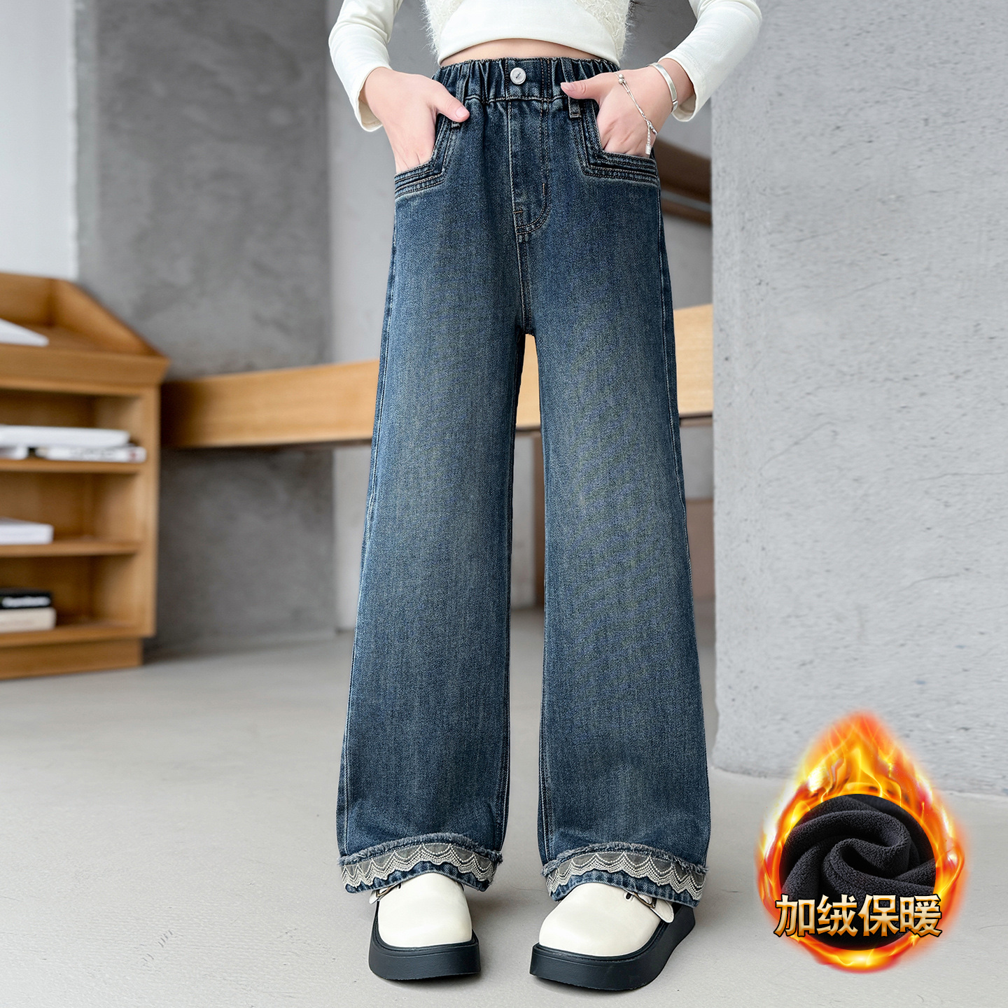 女童加绒裤子秋冬窄版直筒牛仔裤