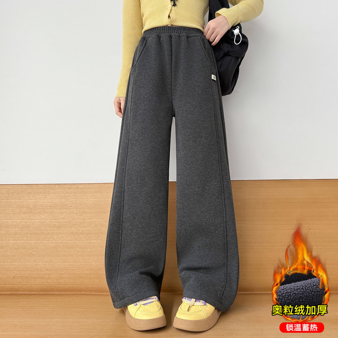 女童加绒裤子冬加厚糯米阔腿裤