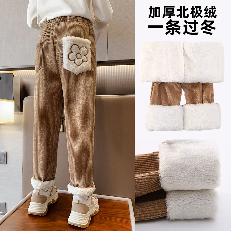 女童加厚羊羔绒条绒裤一件过冬