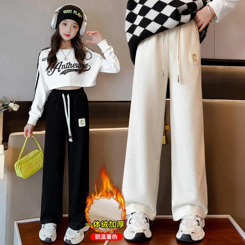 女童加绒裤子窄版阔腿儿童条绒裤