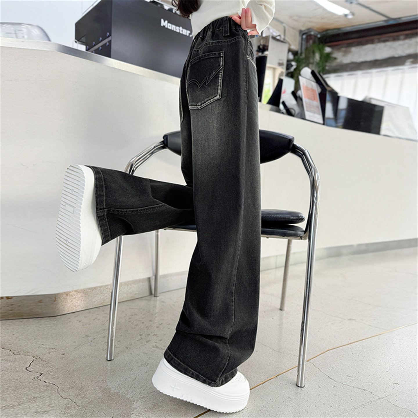 女童裤子秋款炸街酷飒牛仔阔腿裤