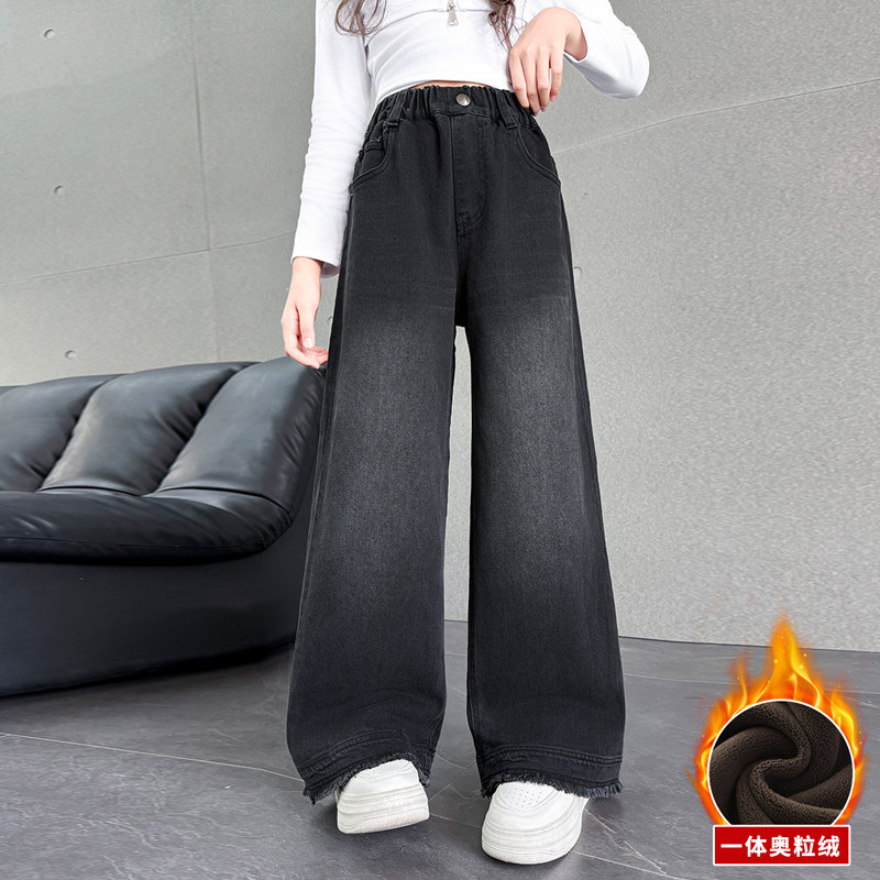 女童冬季加绒裤子时尚毛边牛仔裤