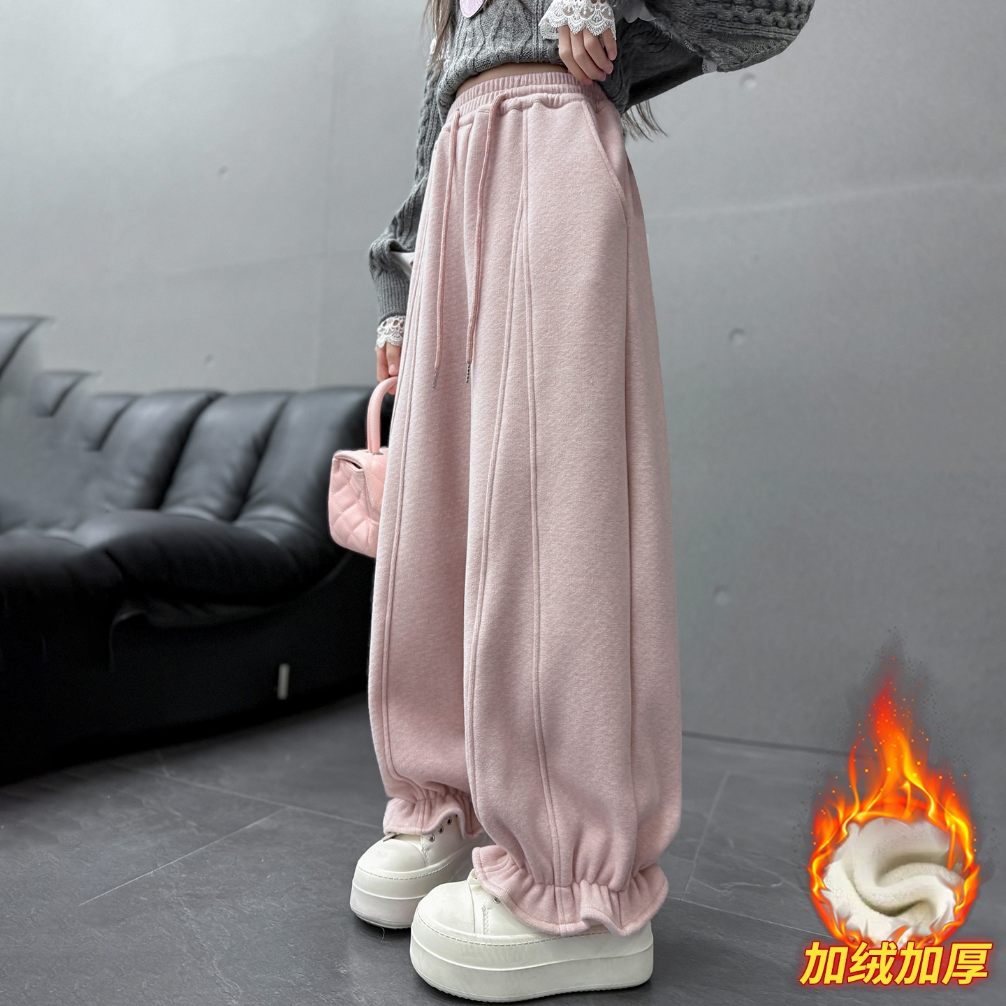 女童加绒裤子一体绒花苞裤