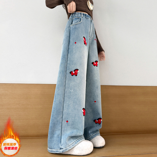 女童加厚绒裤子一体绒牛仔裤冬季小学生超好看刺绣小马儿童阔腿裤