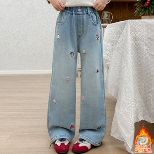 女童加厚绒裤子一体绒直筒裤2025新款小学生超好看刺绣儿童牛仔裤