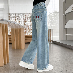 子春季 儿童牛仔裤 外穿2026新款 直筒裤 春秋 女孩洋气绣花窄版 女童裤