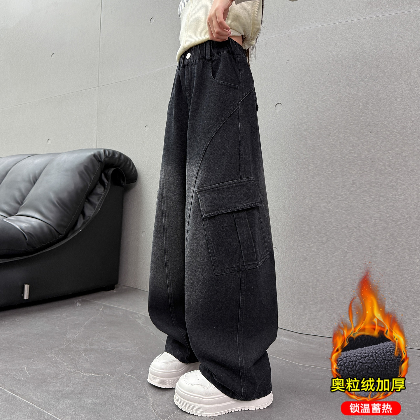 女童冬季加绒裤加厚一体绒牛仔裤