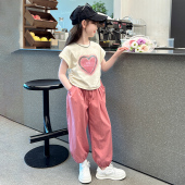 网红儿童纯棉洋气爱心Tt恤休闲裤 女童夏装 夏季 2026新款 两件套 套装