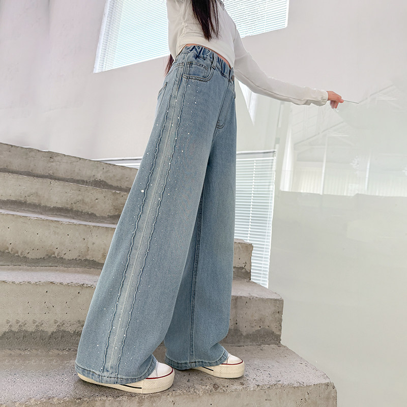 女童牛仔裤春秋外穿2026新款春装大童波浪纹钉珠直筒阔腿儿童裤子,童装/婴儿装/亲子装,裤子,淘宝优惠券,粉丝福利购,淘宝优惠卷