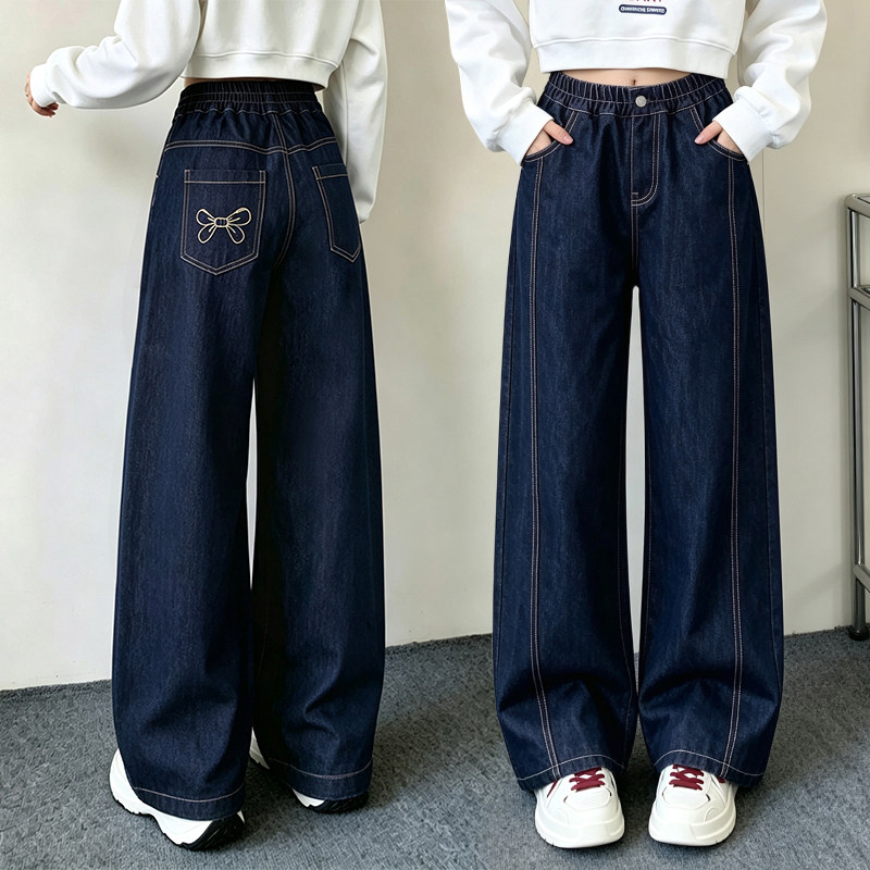 女童裤子秋冬款2026新款女孩网红净色刺绣蝴蝶结直筒裤儿童牛仔裤