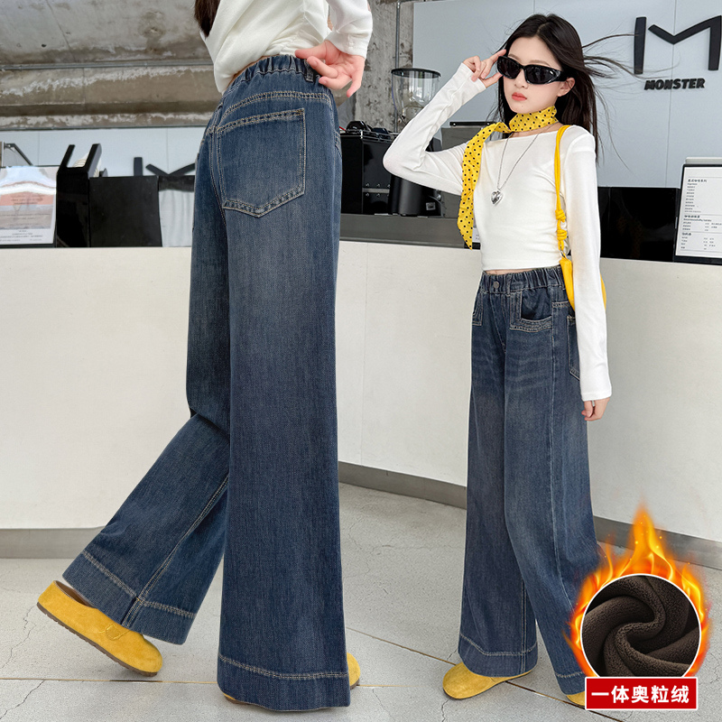 女童加绒裤子一体绒牛仔阔腿裤