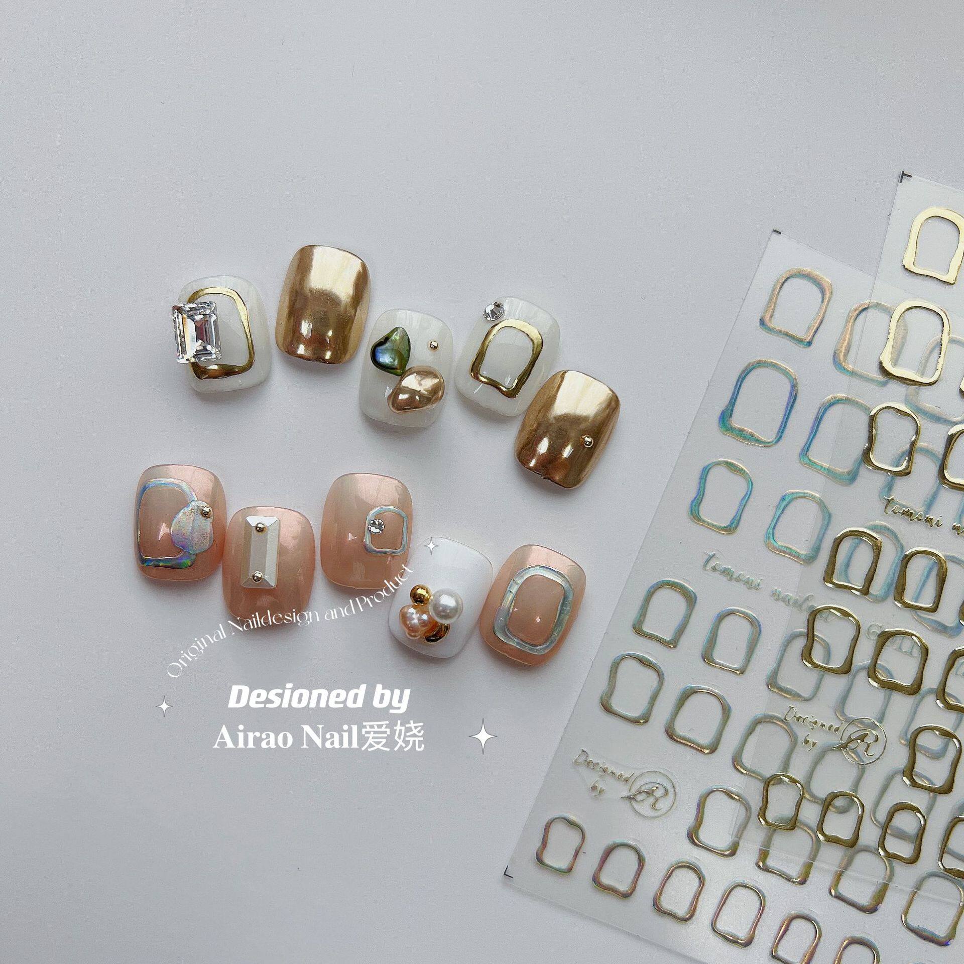 新工艺tomoni&ms莫失玫瑰金镭射色块不规则形状 镂空圈美甲贴纸