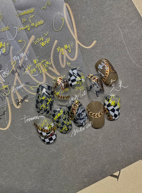 新工艺tomoni莫失MS合作款三色草体爱心英文黑色白色黄色文字甲贴