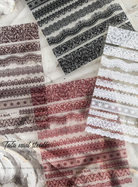 新工艺tomoni薄韧带背胶美甲贴纸 黑色白色红色宽边蕾丝指甲贴画