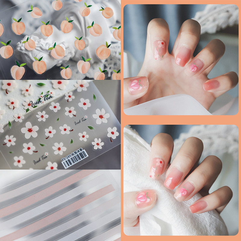 铁素新工艺带背胶美甲贴纸长岛冰茶五瓣花甲贴橘色水蜜桃线条桃子