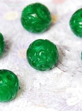祖母绿翡翠干青散珠玉珠玉石干青雕花圆珠DIY手链隔珠配件diy配饰