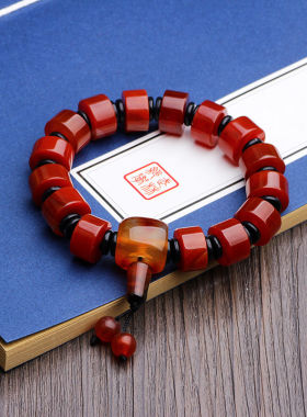 天然保山南红玛瑙手链纯手工中国风男士手饰三通佛头手串珠宝佛珠